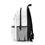 White backpack with a black mesh side pocket on a white background