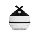 Black and white spherical bag with a cross-shaped strap on a white background