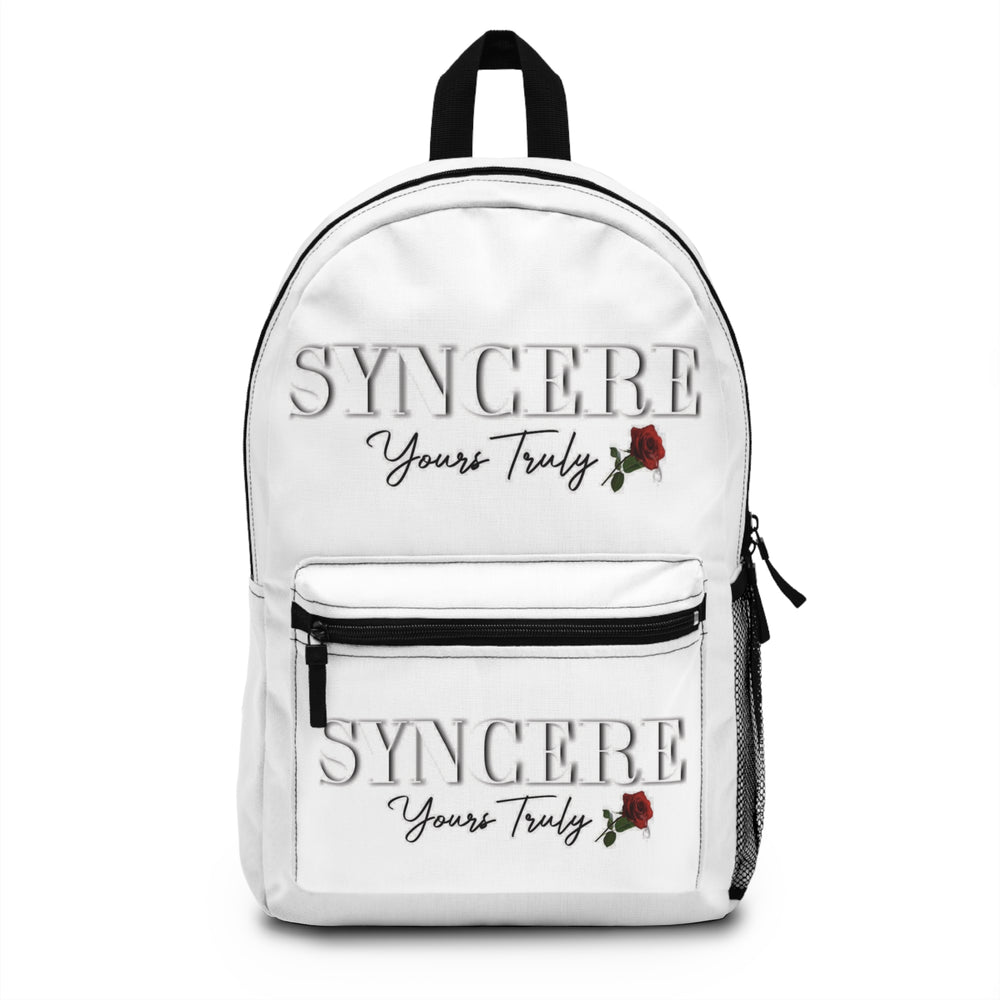 White backpack with 'Sincere Yours Truly' text and rose design on a white background