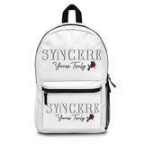 White backpack with 'Sincere Yours Truly' text and rose design on a white background
