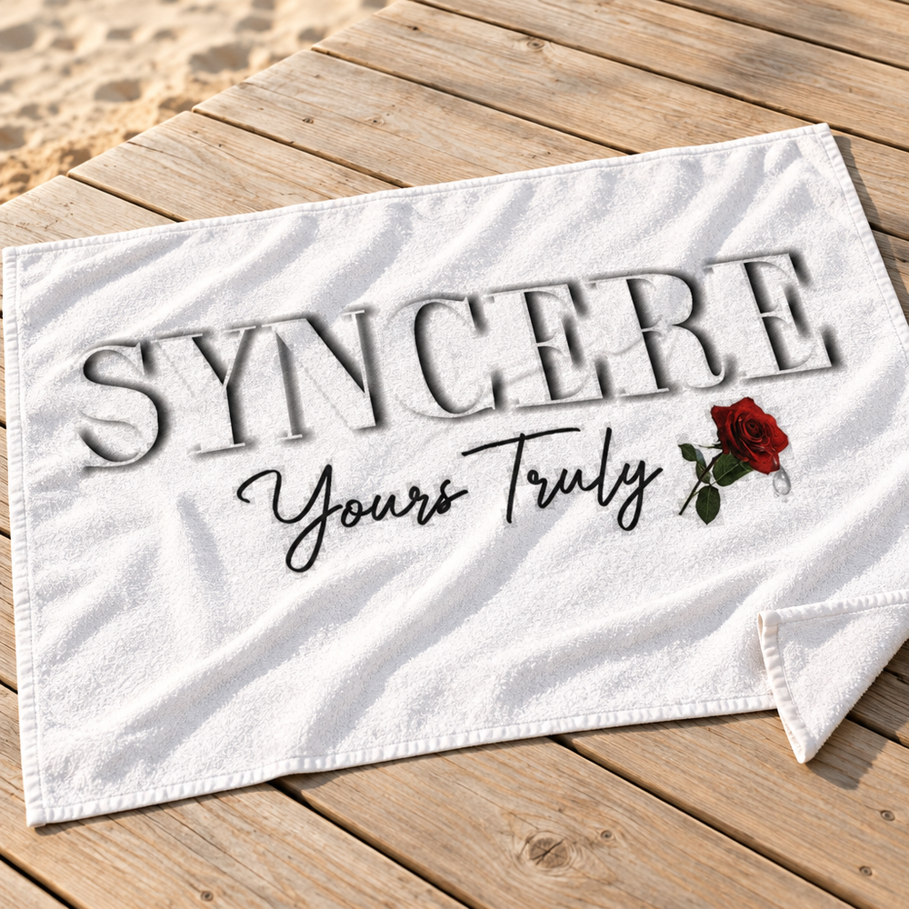 Close-up of SYNCERE Yours Truly lettering and red rose on a white towel on a wooden deck