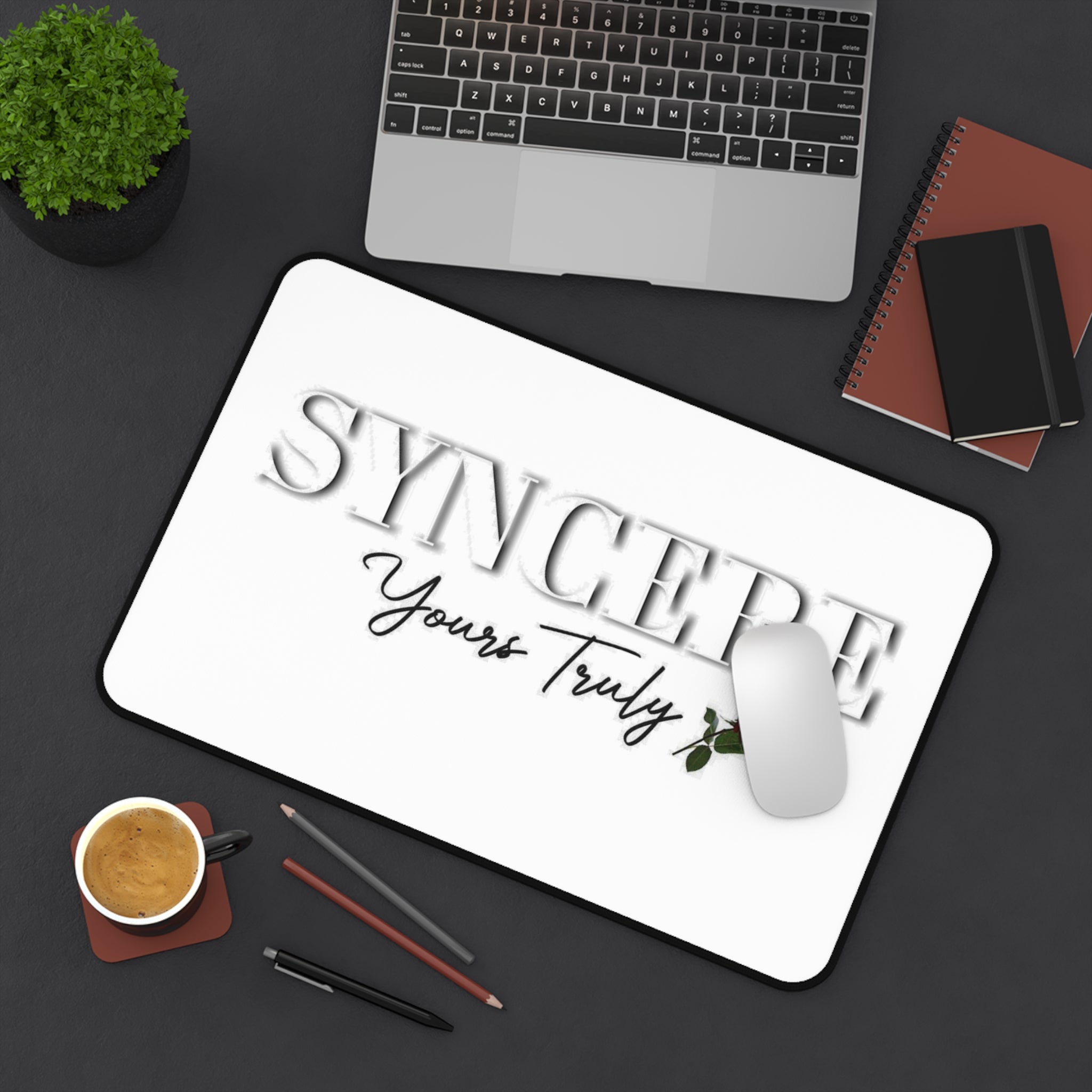 Desk Mat — "Syncere Yours Truly" White Desk Pad with Rose, Minimalist Office Mouse Pad