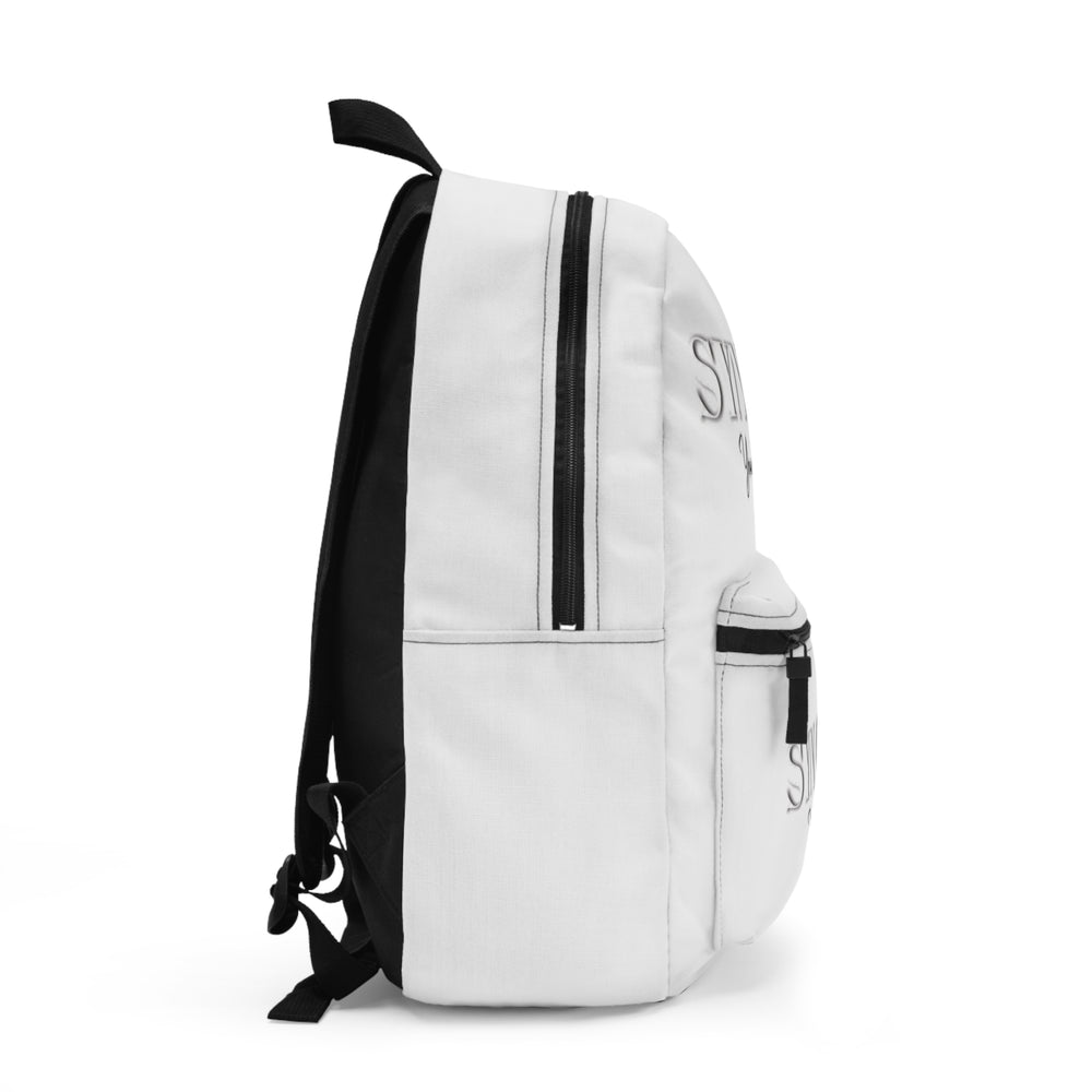 White backpack with black straps and zipper on a white background
