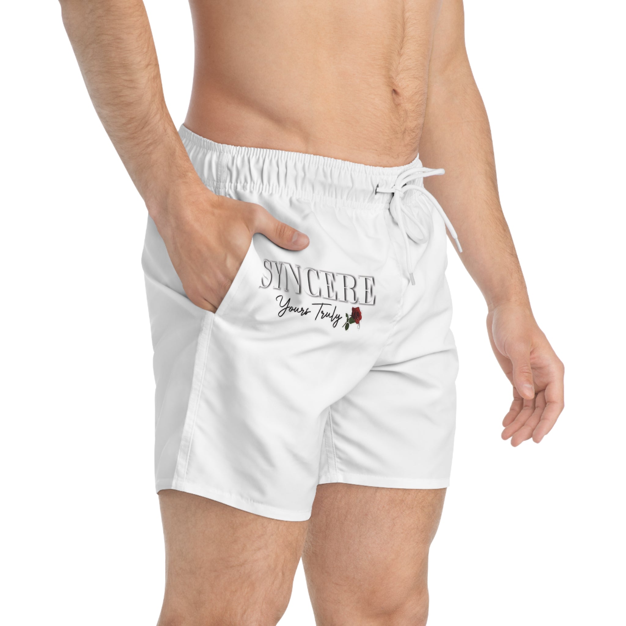 Swim Trunks — 'SINCERE' Script White Swim Shorts