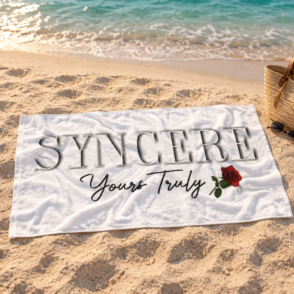 White SYNCERE Yours Truly rose beach towel spread on sand beside turquoise water