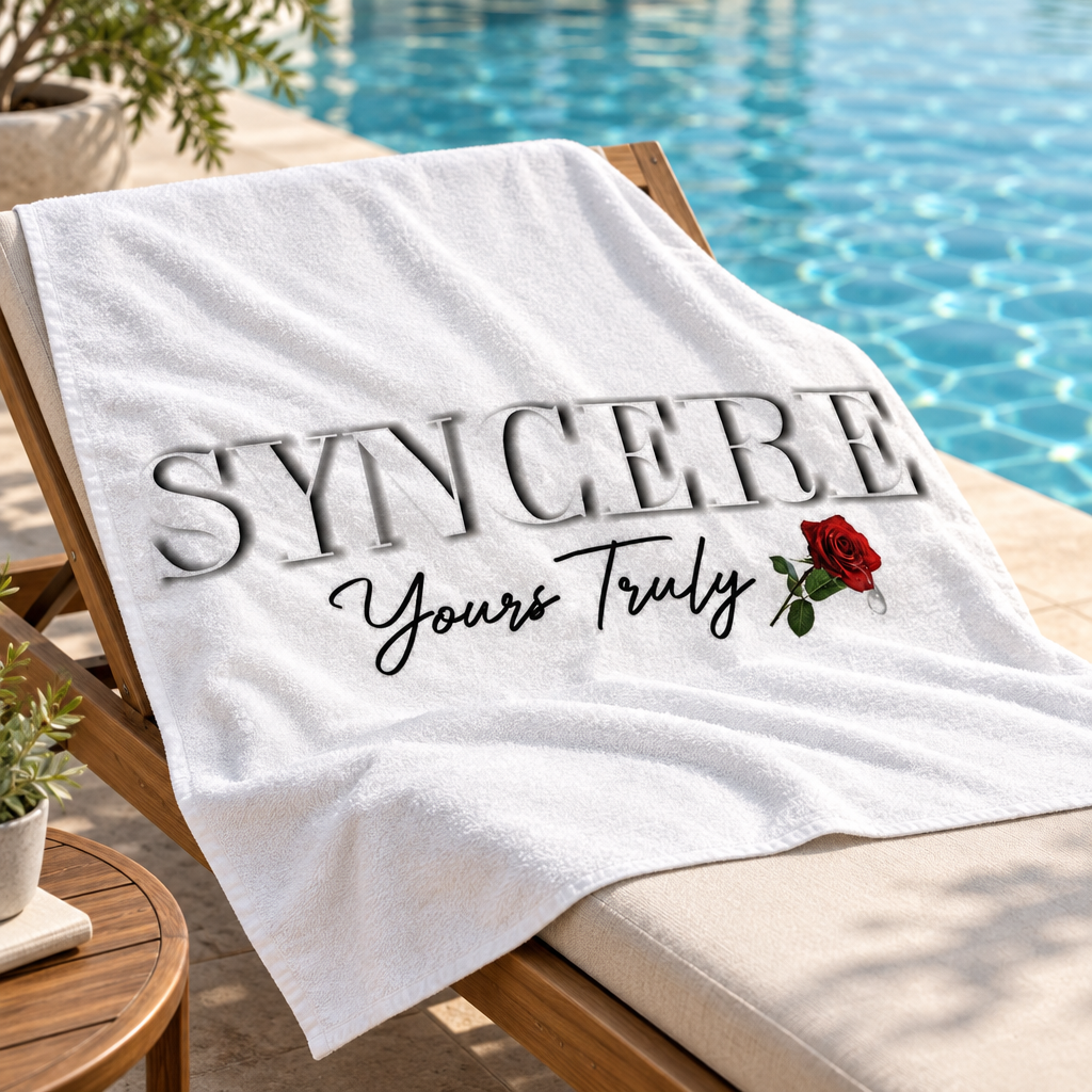White SYNCERE Yours Truly rose beach towel draped over a poolside lounger