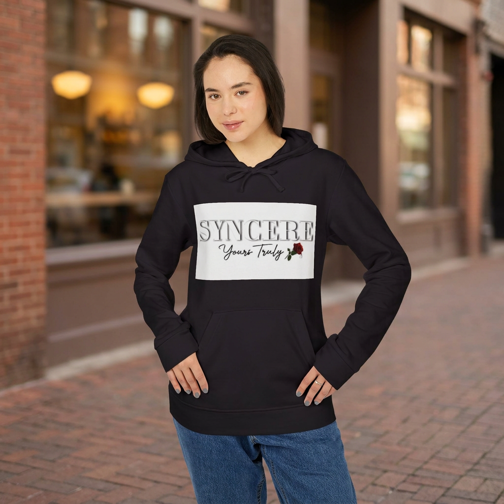 Syncere Yours Truly Hoodie — White Fleece Zip-Up with Rose Graphic