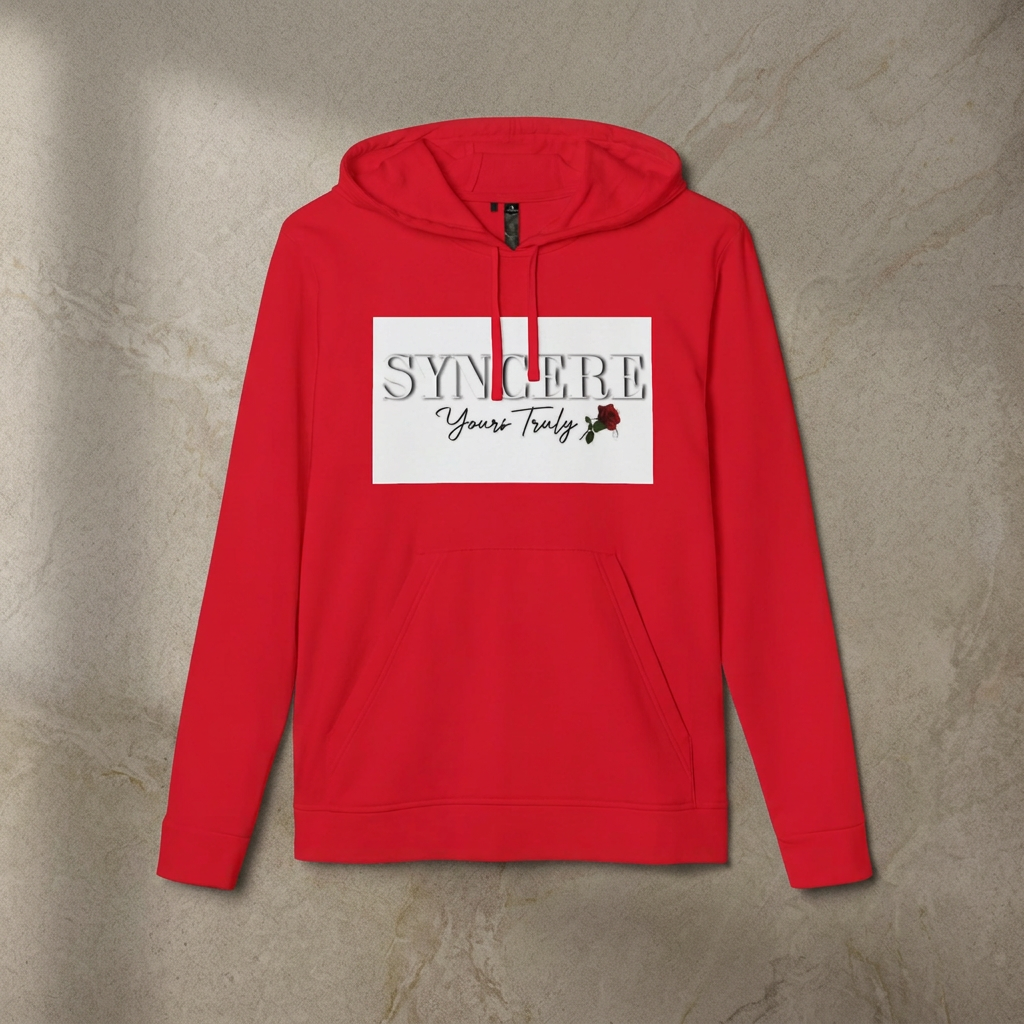 Syncere Yours Truly Hoodie — White Fleece Zip-Up with Rose Graphic