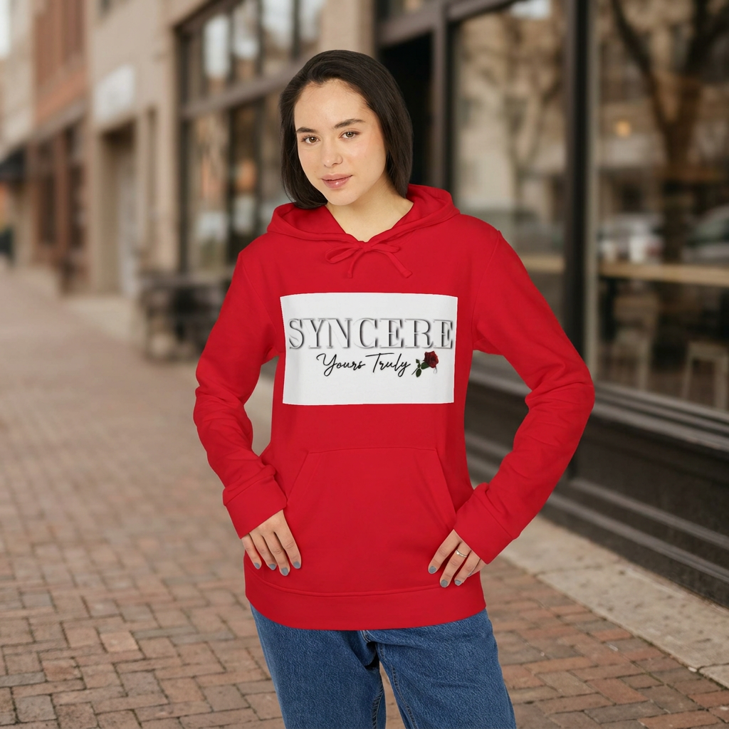 Syncere Yours Truly Hoodie — White Fleece Zip-Up with Rose Graphic