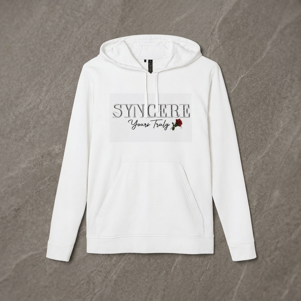 Syncere Yours Truly Hoodie — White Fleece Zip-Up with Rose Graphic