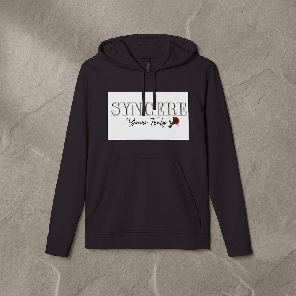 Syncere Yours Truly Hoodie — White Fleece Zip-Up with Rose Graphic