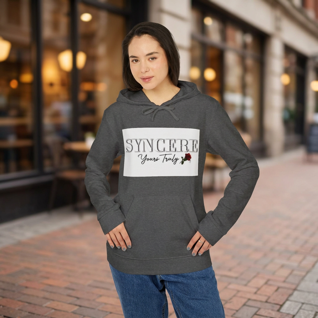 Syncere Yours Truly Hoodie — White Fleece Zip-Up with Rose Graphic